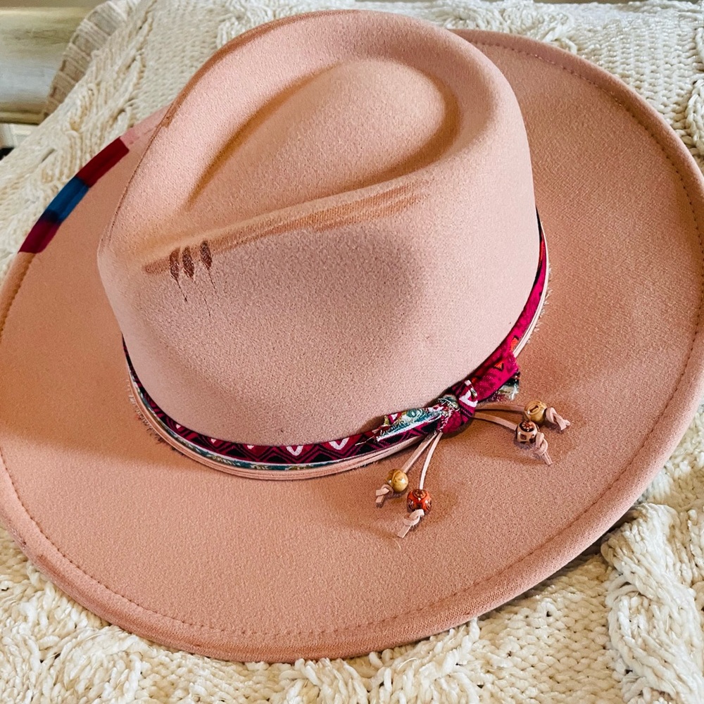 Women’s Pink Bohemian Style Wide Brim Hat - Picture 1 of 2